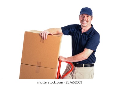 One Delivery Man With Boxes And A Hand Truck On A White Background
