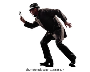 one detective man criminal investigations investigating crime in silhouette on white background