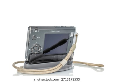 One digital camera isolated on white background, close-up.