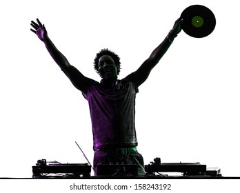 One Disc Jockey Man Happy Joy Arms Raised In Silhouette  On White Background