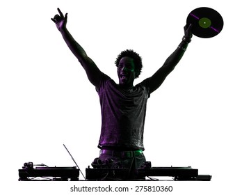 One Disc Jockey Man Happy Joy Arms Raised In Silhouette On White Background