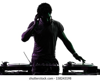 one disc jockey man in silhouette  on white background