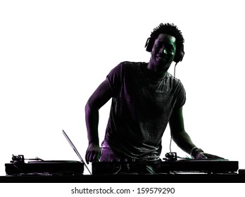 One Disc Jockey Man In Silhouette  On White Background