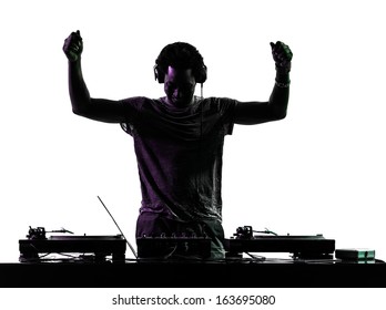 One Disc Jockey Man In Silhouette On White Background