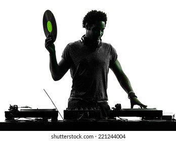 One Disc Jockey Man In Silhouette On White Background