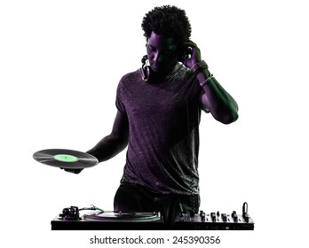 one disc jockey man in silhouette on white background