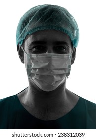 One  Doctor Surgeon Man Portrait With Face Mask Medical Worker Silhouette Isolated On White Background