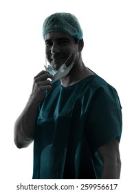 One  Doctor Surgeon Man Portrait With Face Mask Medical Worker Smiling Friendly Silhouette Isolated On White Background