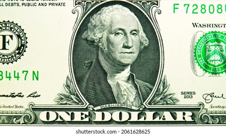 One Dollar Banknote, Bank Of USA, Closeup Bill Fragment Shows G. Washington, Issued 2013