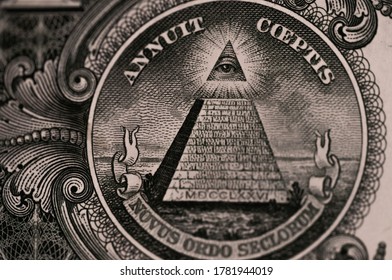 One Dollar Bill Backside. Pyramid. Closeup Of George Washington . US Dollars Background. American Currency.