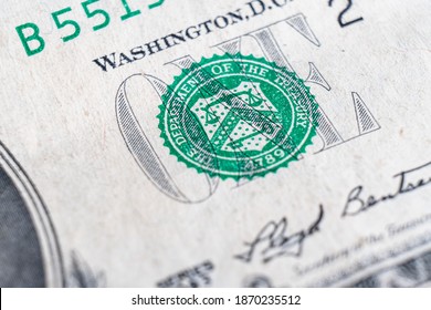 One dollar bill close up photo. Detail of US one dollar banknote with. Macro shot of single dollar bill. Top view of USA currency note with inscriptions