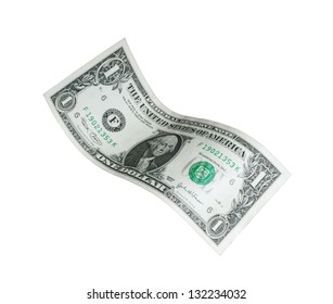 One dollar bill isolated falling on white background.