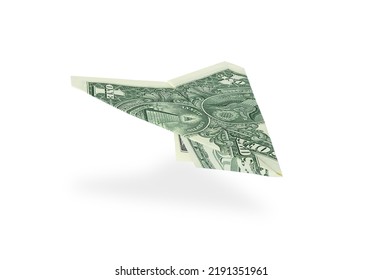 One Dollar Bill Origami Plane Isolated On White Background. Business Concept