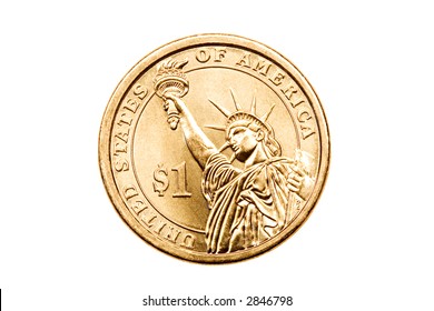 One Dollar Coin Isolated On White, US$1 Macro