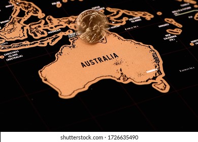 One Dollar Coin On Black Scratch Travel Map Of Australia, Sidney