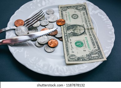 One Dollar Lying On The Plate With Fork And Knife. No Money Photo. Poor People Idea. Dimes And Cents Coins. Small Salary And Pension Not Enough For Food. Social Problems.