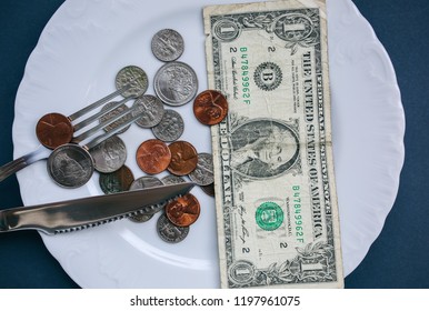 One Dollar Lying On The Plate With Fork And Knife. No Money Photo. Poor People Idea. Dimes And Cents Coins. Small Salary And Pension Not Enough For Food. Social Problems.