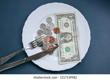 One Dollar Lying On The Plate With Fork And Knife. No Money Photo. Poor People Idea. Dimes And Cents Coins. Small Salary And Pension Not Enough For Food. Social Problems.