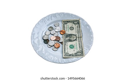 One Dollar Lying On The Plate Isolated On White Background. No Money Photo. Poor People Idea. Small Salary And Pension Not Enough For Food. Social Problems. Quarantine, Economy Crisis, Unemployment.