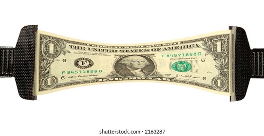 One dollar US banknote bill stretched between two clamps as an illustration for stretching finances and budgets isolated on white