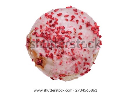 One doughnut with white icing, raspberry sprinkles, and jam inside