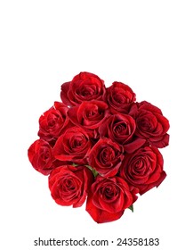 One Dozen Beautiful Red Roses On A White Background With Space For Copy.