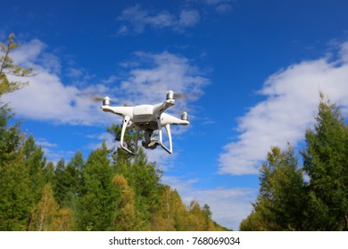 One Drone Flying In The Air Over Autumn Forest