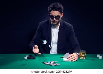 One Emotional Handsome Caucasian Brunet Cards Player At Pocker Table With Chips Flying and Cards While Playing and Drinking Alcohol. Horizontal Image - Shutterstock ID 2254623279
