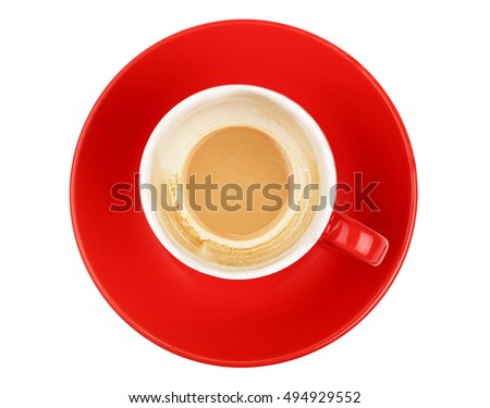 One empty finished morning latte cappuccino or macchiato coffee with milk in red cup with saucer isolated on white background, top view, bird eye view