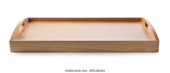 One empty wooden tray isolated on white