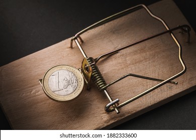 One Euro In A Mousetrap. Financial Trap Concept.