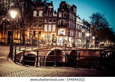 One of the famous canals of Amsterdam, the Netherlands at dusk.