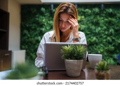 One Female Caucasian Business Woman With Long Hair Working On Computer Laptop At Restaurant Or Hotel Manager Entrepreneur Modern Lifestyle Concept