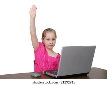 One Female Student Raising Hand While Working On A Laptop Computer