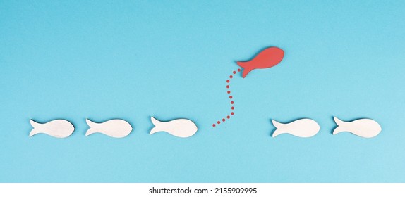 One Fish Is The Leader Of The Group, Leadership And Teamwork Concept, Be A Winner, Success And Start Up In Business, Follow A New Idea, Jump To Freedom