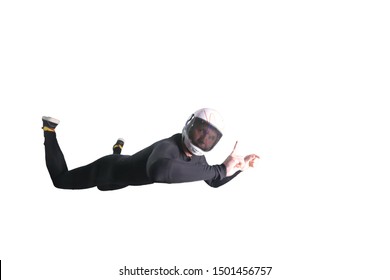 One. Fly Men Show One Finger In Up. Sky Diver In Suit. Teampleat Skydiver On White Background.