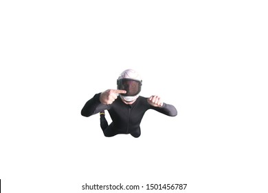 One. Fly Men Show One Finger In Right. Sky Diver In Suit. Teampleat Skydiver On White Background.