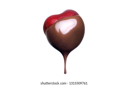 One Fondue Cherry In Hot Dark Chocolate Isolated On White Background