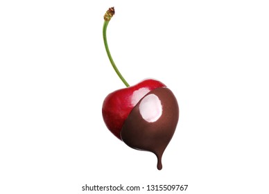 One Fondue Cherry In Hot Dark Chocolate Isolated On White Background