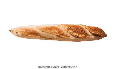 one fresh crunchy french baguette breads isolated on white . fresh crunchy french baguette bread isolated on white, top view . 

