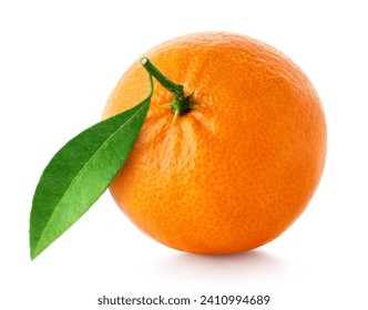 One fresh ripe tangerine, mandarin or clementine with green leaf isolated on white background