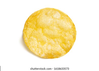 One Fried Potato Chip Snack Isolated On White Background. Delicious Single Piece Of Crispy Golden Chips. Tasty Round Potato Slice In Closeup. Top View.