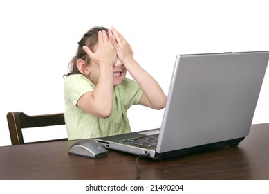 One Frustrated And Confused Young Child Working On A Computer Over White