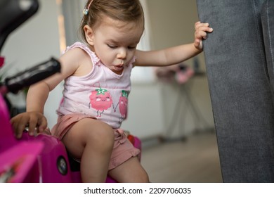 One Girl Close Up On Happy Playful Caucasian Toddler Having Fun Playing Alone At Home Copy Space In Summer Day Protruding Tongue Early Development Concept And Growing Up