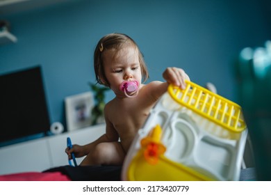 One Girl Toddler Caucasian Sitting With Parent And Playing Doctor With Medical Set Toy Early Development And Role Play Concept