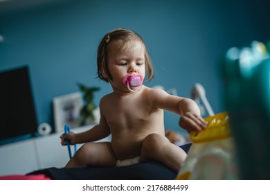 One Girl Toddler Caucasian Sitting With Parent And Playing Doctor With Medical Set Toy Early Development And Role Play Concept