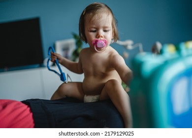 One Girl Toddler Caucasian Sitting With Parent And Playing Doctor With Medical Set Toy Early Development And Role Play Concept