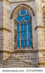 One of the Gothic stone windows of the apse of Palencia Cathedral, Spain.
