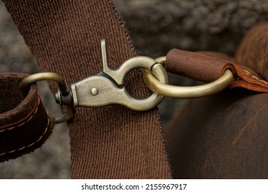 one gray iron latch carabiner with brown leather harness on backpack