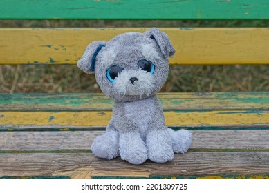 One Gray Plush Cat Toy Sit On A Colorful Wooden Bench Outdoors